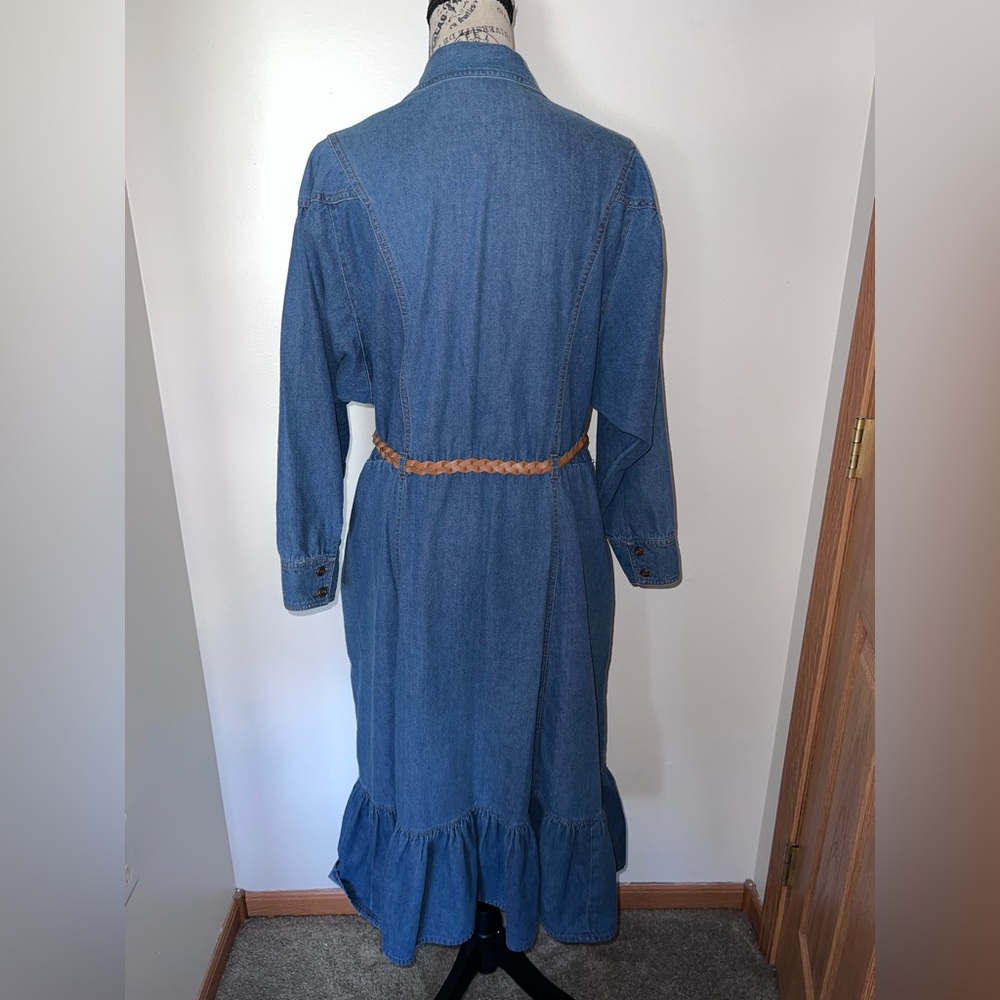 Jordache 80s Vintage Denim Prairie Dress Button Front Ruffle Hem Belted 15/16 - Picture 8 of 13